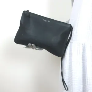 Christian Dior Wristlet Pouch Black Leather Small Flat Clutch