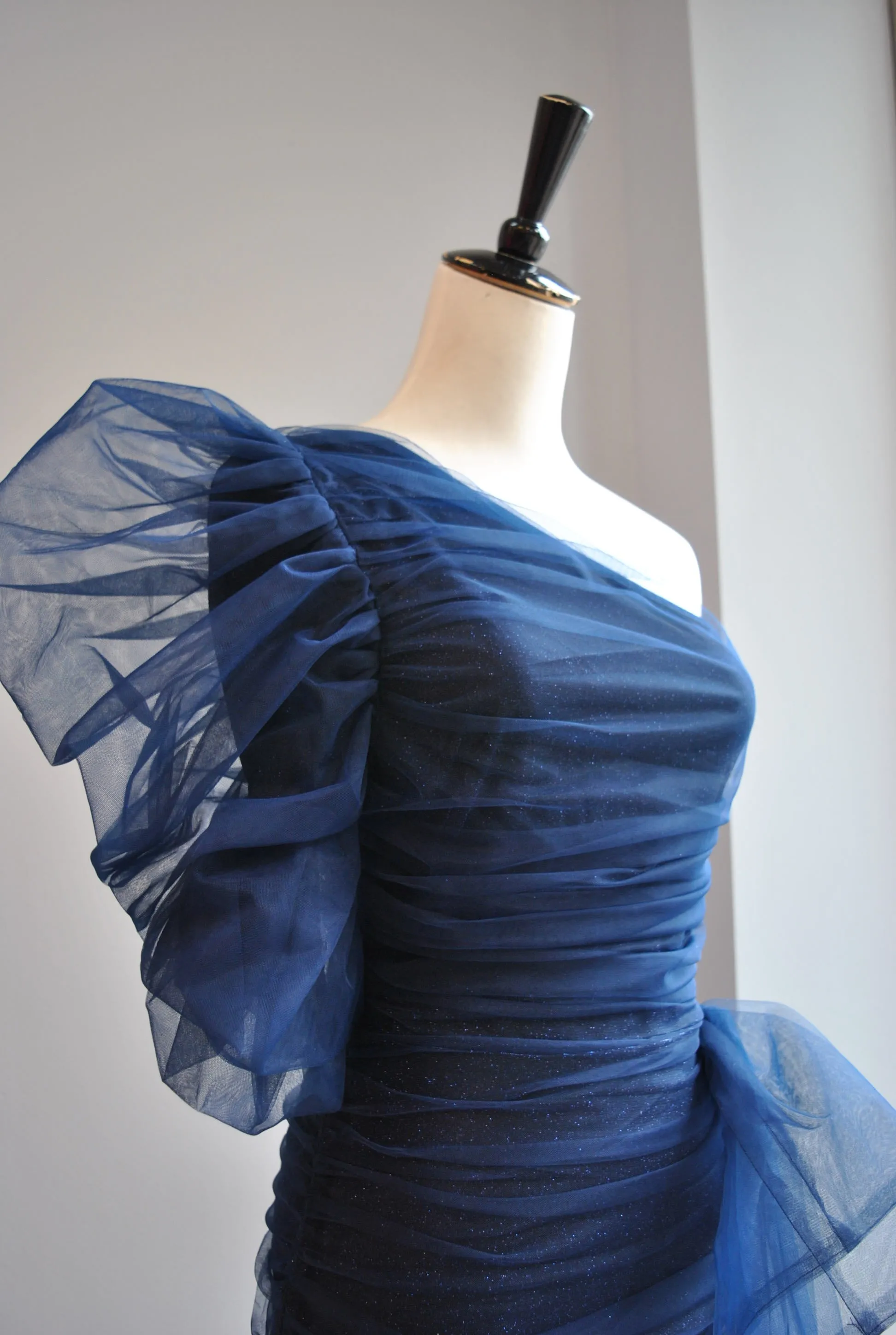 CLEARANCE - NAVY BLUE MINI ASYMMETRIC SHEER DRESS WITH SIDE BOW