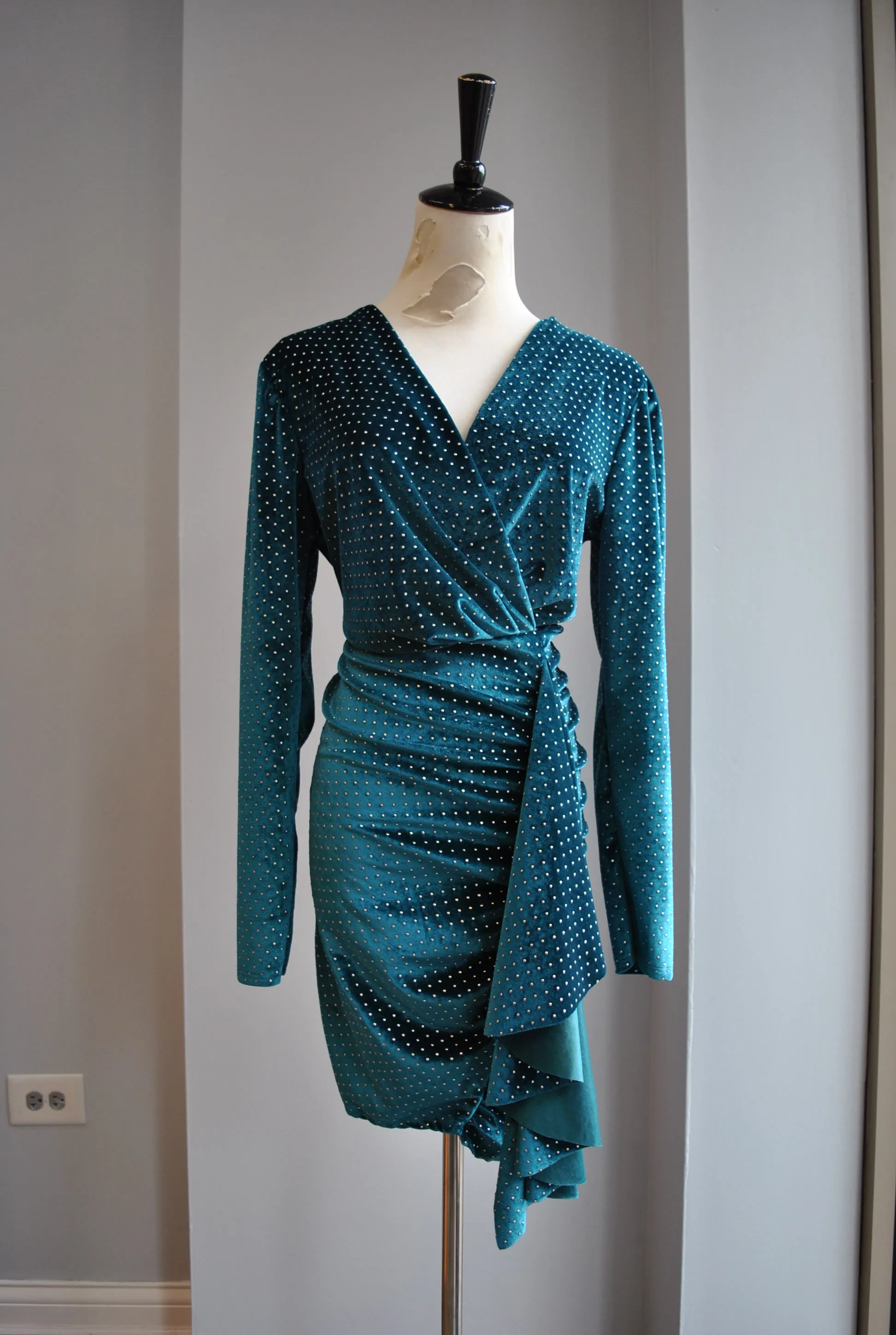 CLEARANCE - TEAL VELVET WITH STUDS MINI DRESS WITH SIDE RUSHING