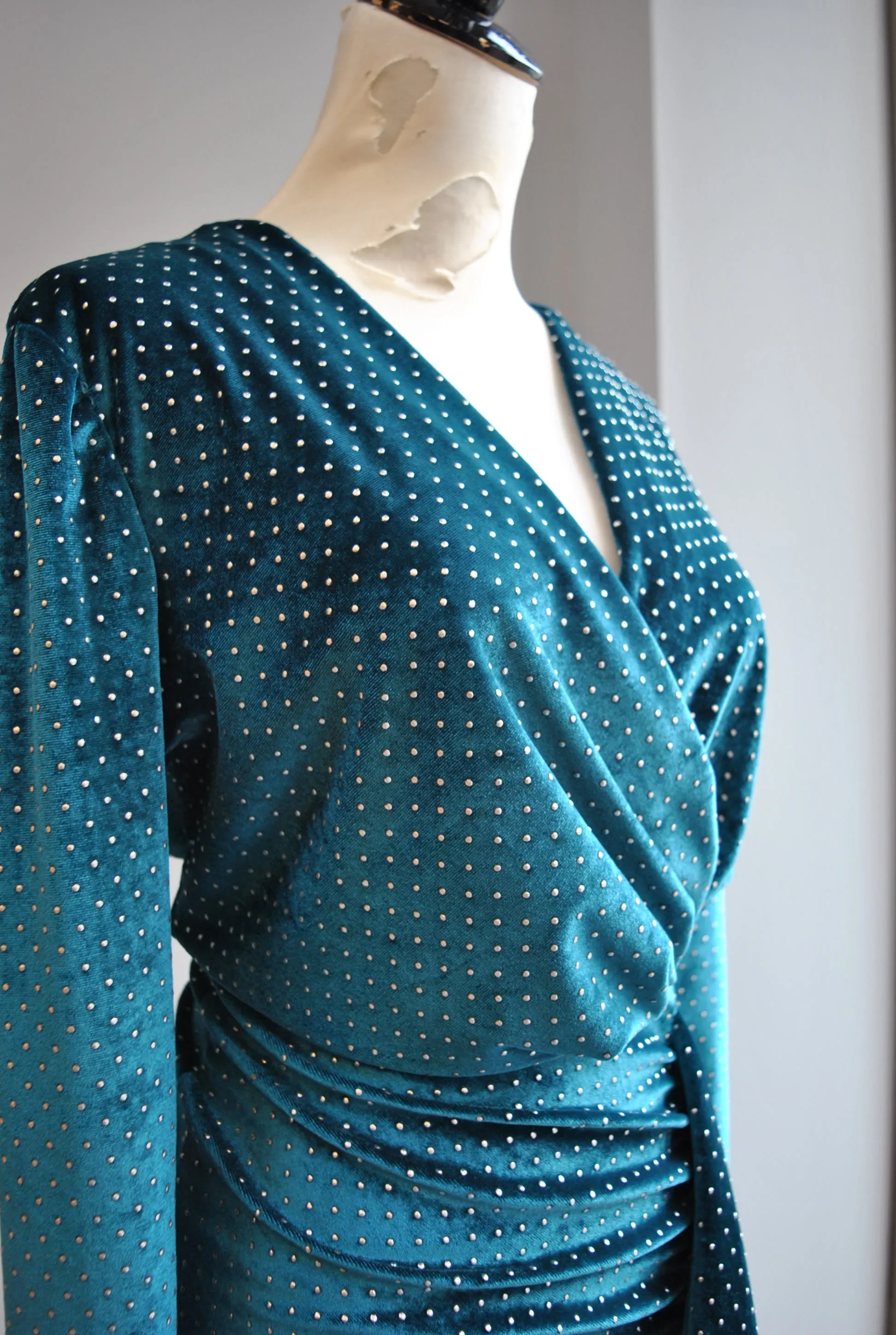 CLEARANCE - TEAL VELVET WITH STUDS MINI DRESS WITH SIDE RUSHING