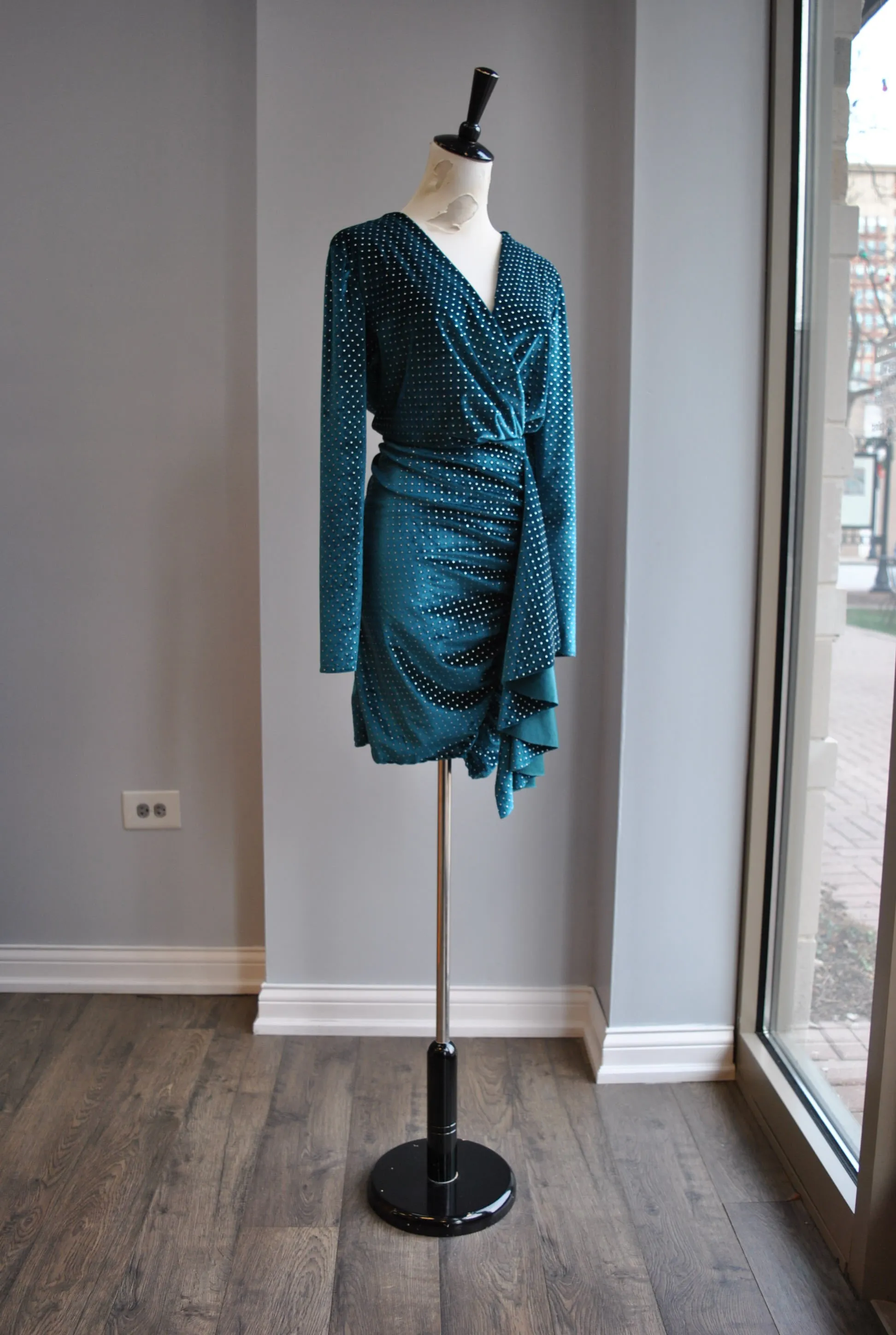CLEARANCE - TEAL VELVET WITH STUDS MINI DRESS WITH SIDE RUSHING