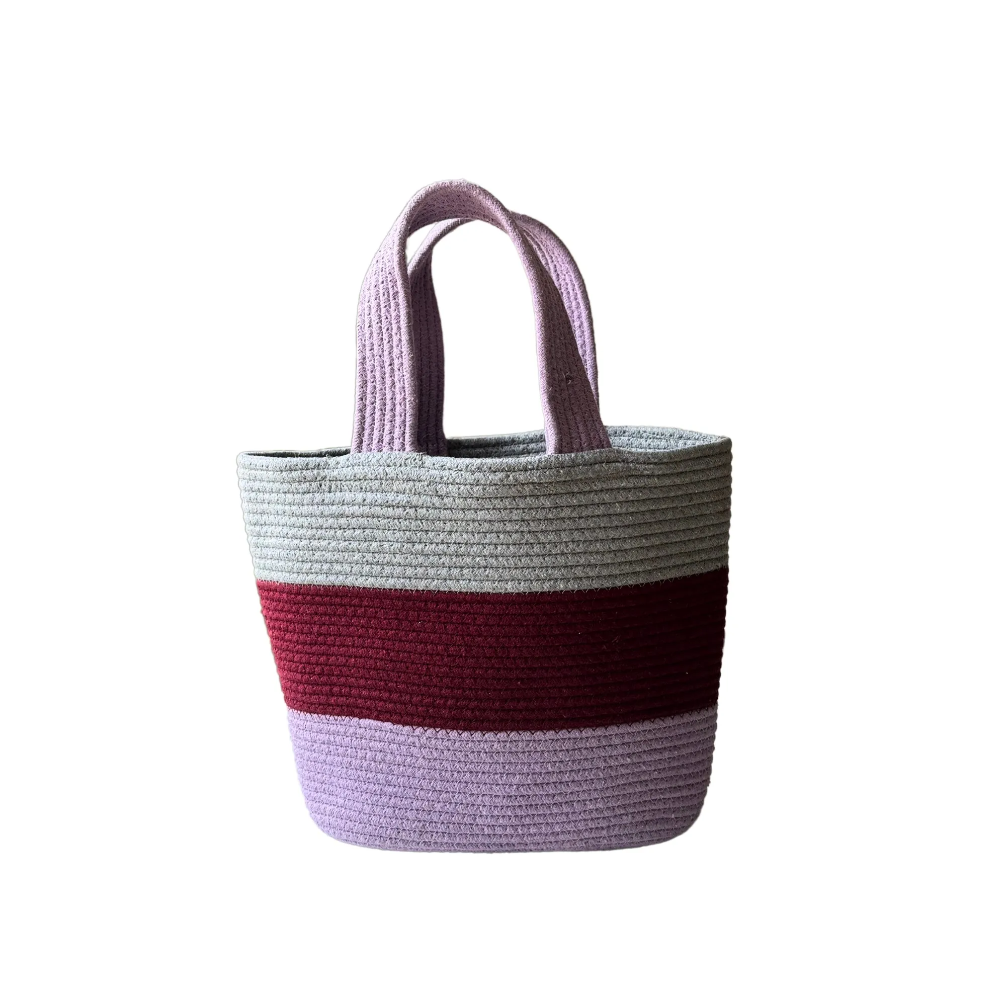 Colorblock Handwoven Cotton Rope  Tote Bag – Lavender, Maroon & Grey