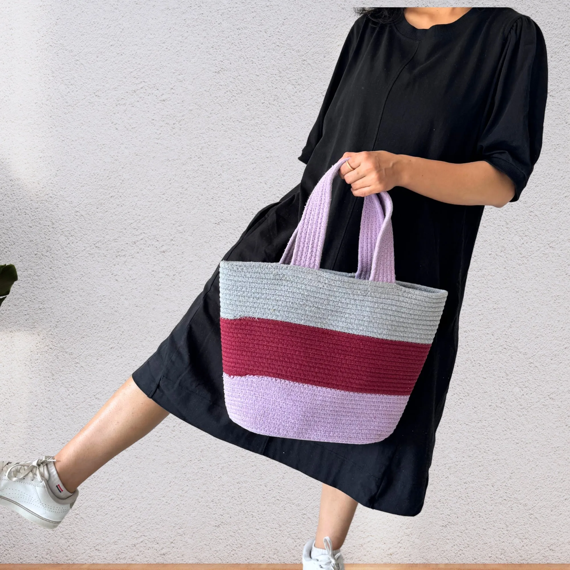 Colorblock Handwoven Cotton Rope  Tote Bag – Lavender, Maroon & Grey