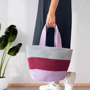 Colorblock Handwoven Cotton Rope  Tote Bag – Lavender, Maroon & Grey