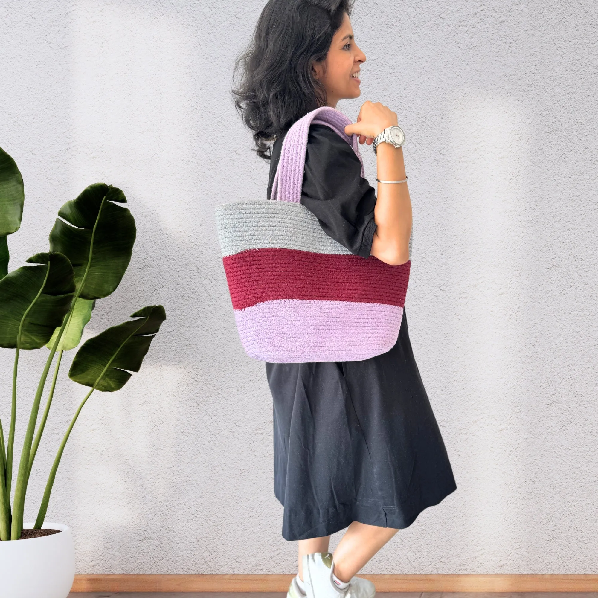 Colorblock Handwoven Cotton Rope  Tote Bag – Lavender, Maroon & Grey
