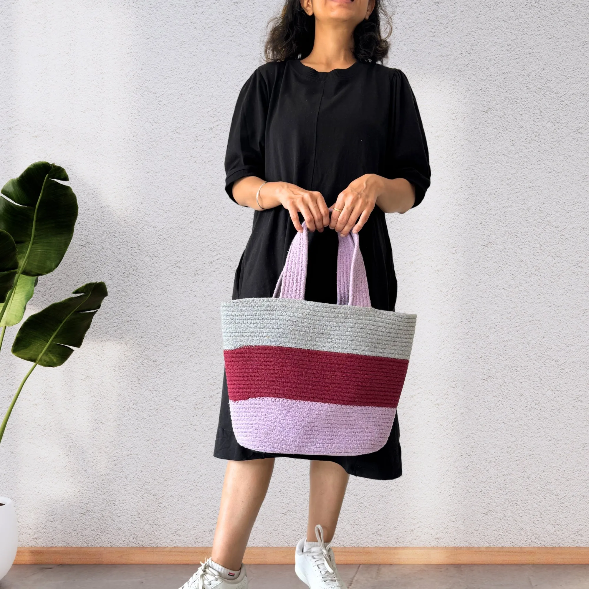 Colorblock Handwoven Cotton Rope  Tote Bag – Lavender, Maroon & Grey