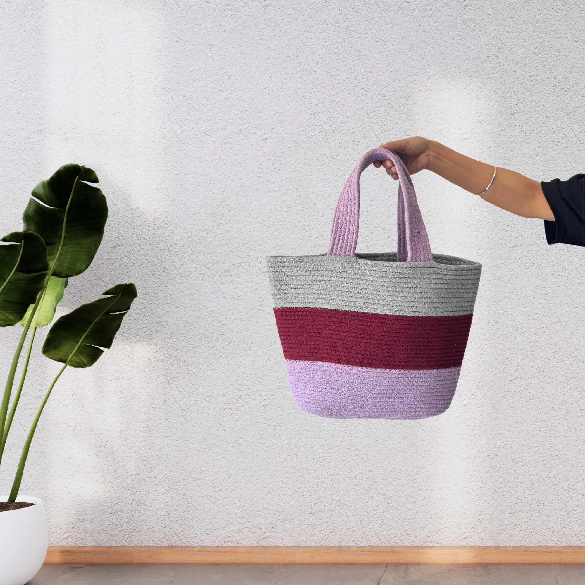 Colorblock Handwoven Cotton Rope  Tote Bag – Lavender, Maroon & Grey