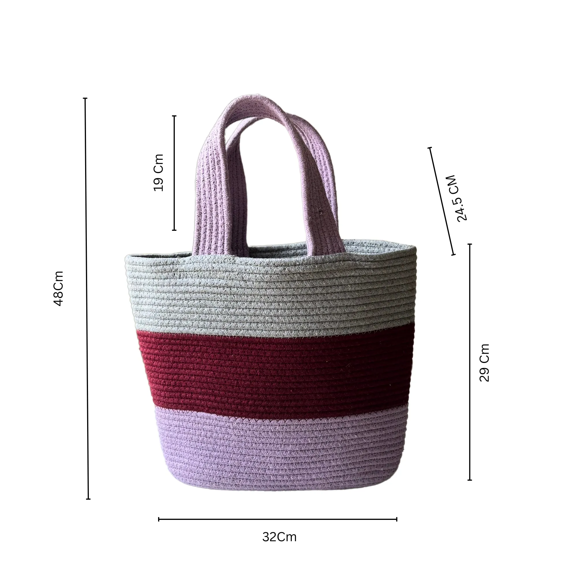 Colorblock Handwoven Cotton Rope  Tote Bag – Lavender, Maroon & Grey