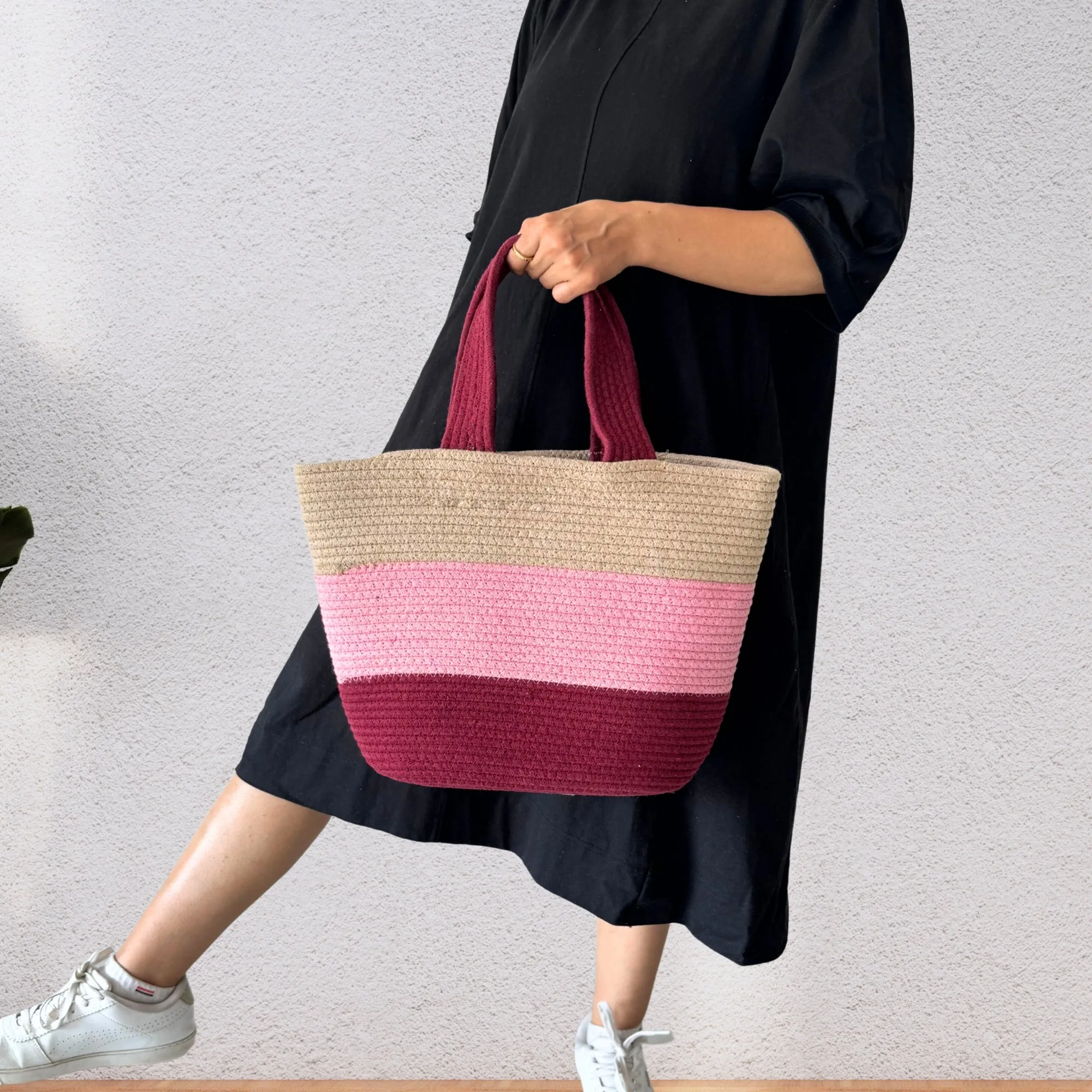Colorblock Handwoven Cotton Rope  Tote Bag – Pink, Maroon & Beige