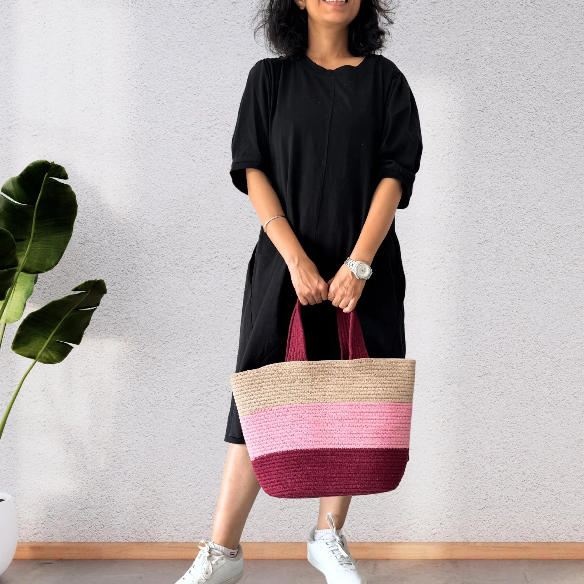 Colorblock Handwoven Cotton Rope  Tote Bag – Pink, Maroon & Beige