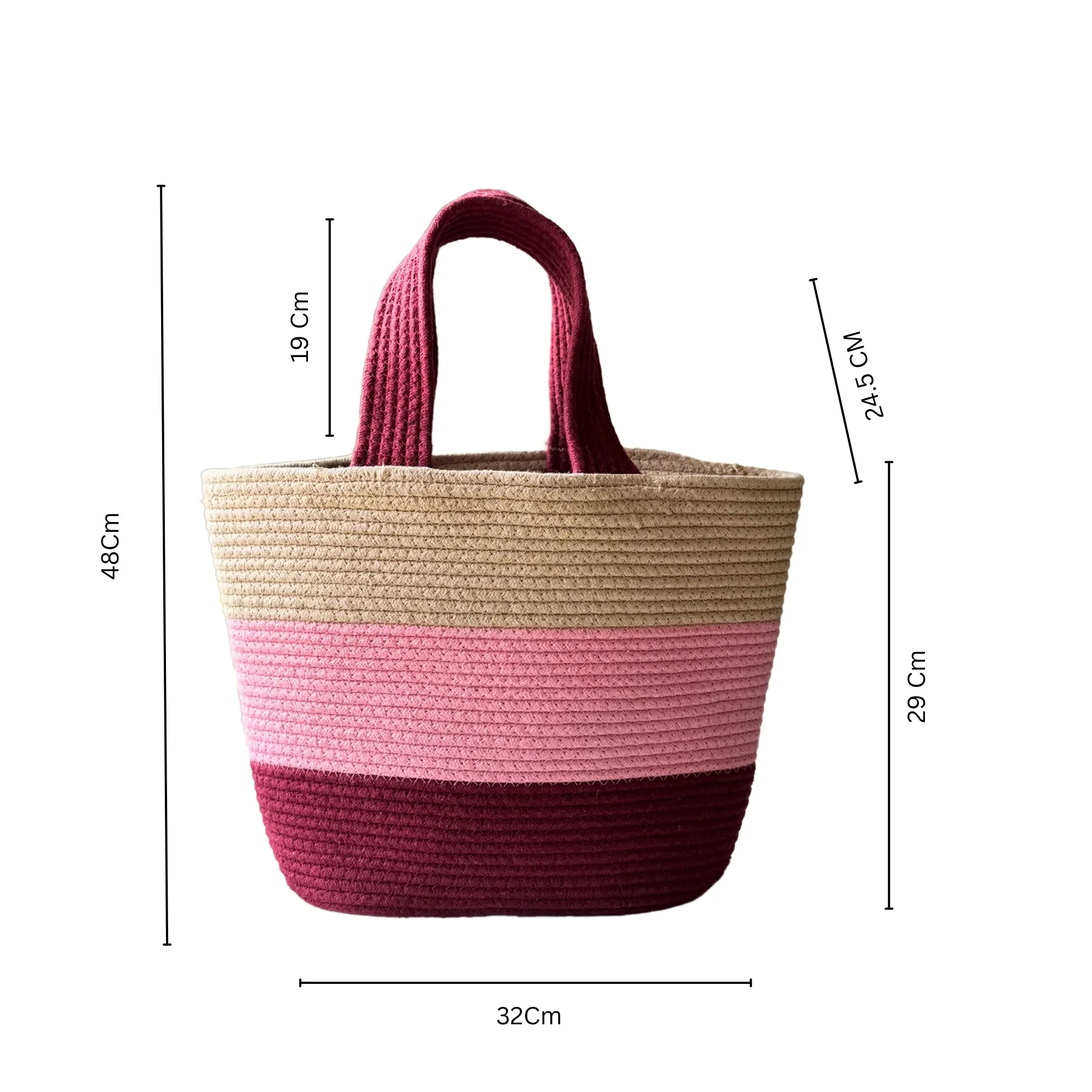 Colorblock Handwoven Cotton Rope  Tote Bag – Pink, Maroon & Beige