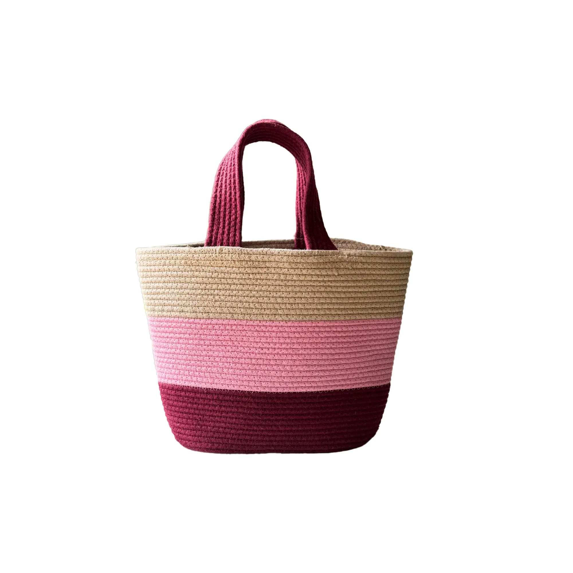 Colorblock Handwoven Cotton Rope  Tote Bag – Pink, Maroon & Beige