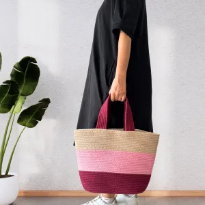 Colorblock Handwoven Cotton Rope  Tote Bag – Pink, Maroon & Beige