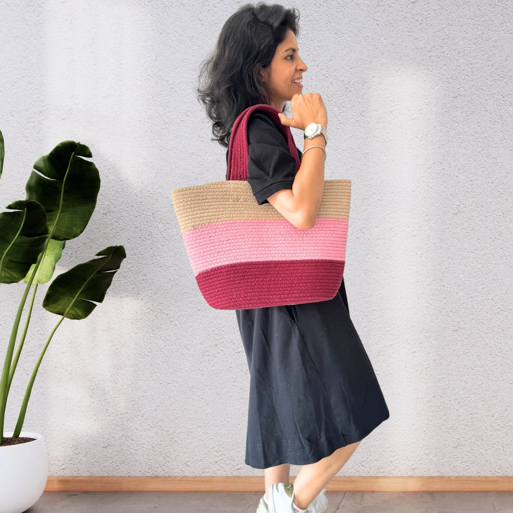 Colorblock Handwoven Cotton Rope  Tote Bag – Pink, Maroon & Beige