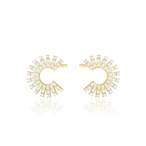 Cubic Zirconia Baguette Sun Rays C Shape Earrings - Gold White