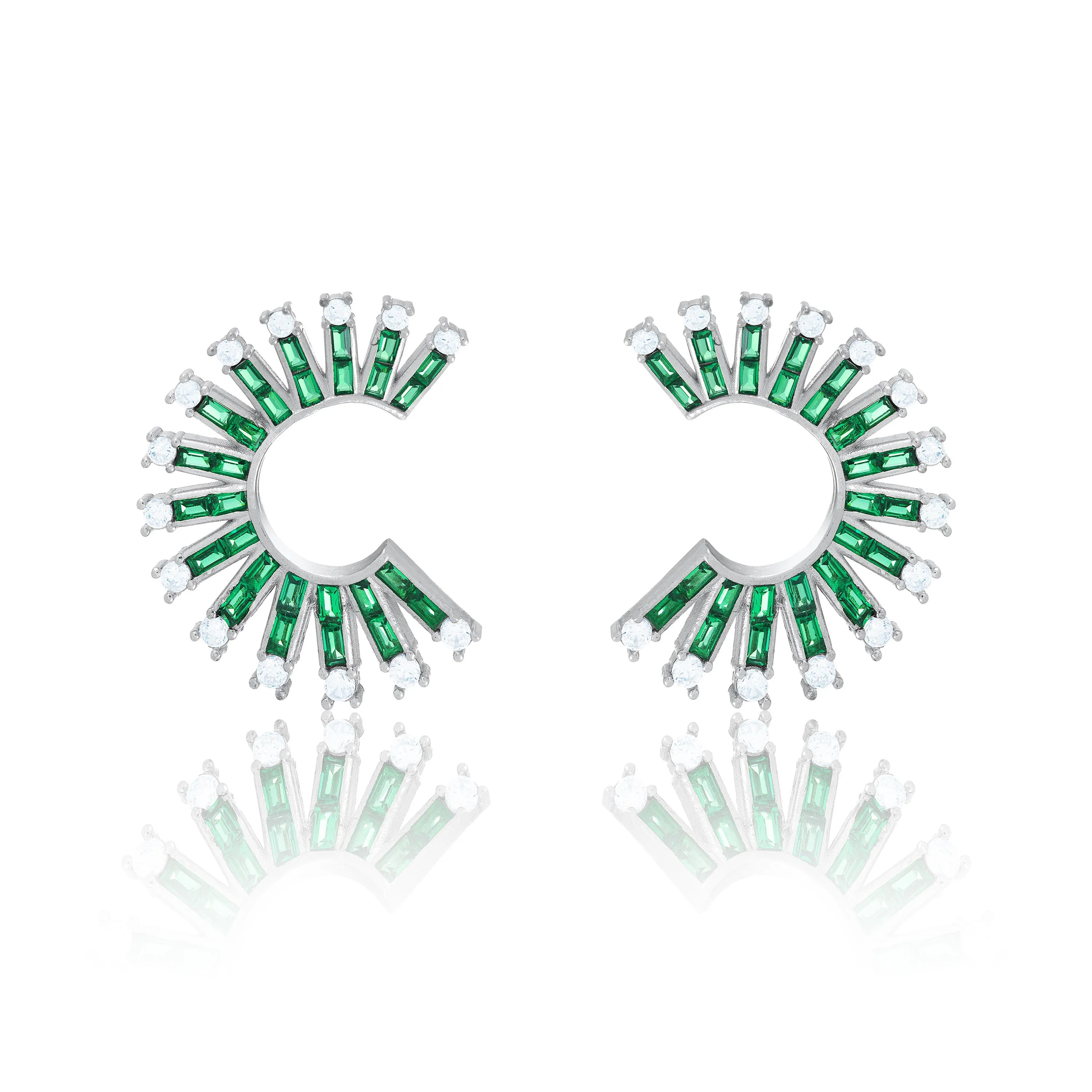 Cubic Zirconia Baguette Sun Rays C Shape Earrings - Silver Green And White