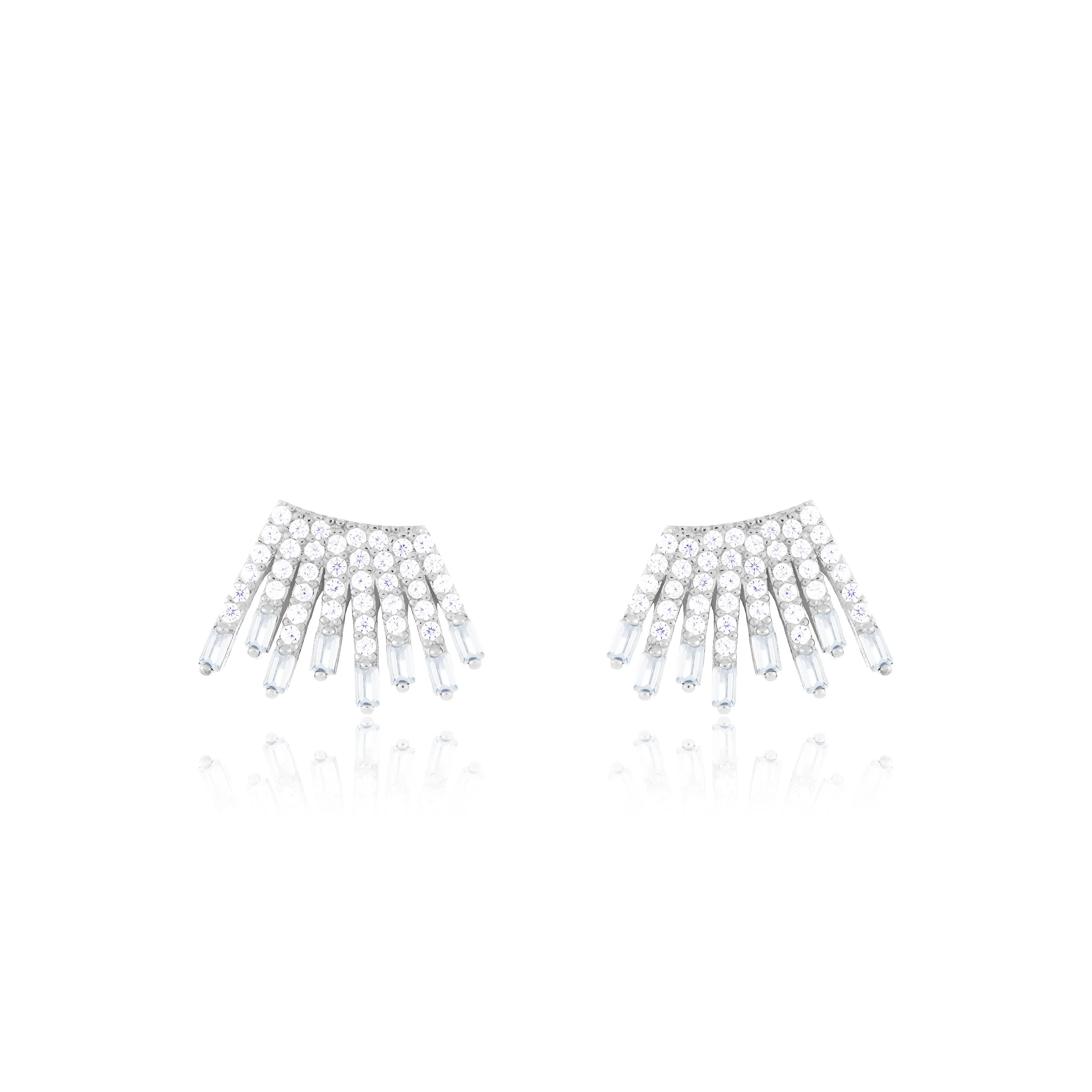 Cubic Zirconia Baguette Sun Rays Earrings - Silver White