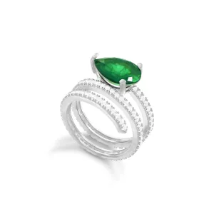 Cubic Zirconia Big Teardrop Spiral Ring - Silver Green And White