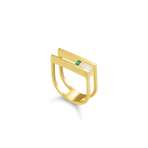 Cubic Zirconia Stone Double Bar Ring - Gold White And Green - One baguette One Square Stone