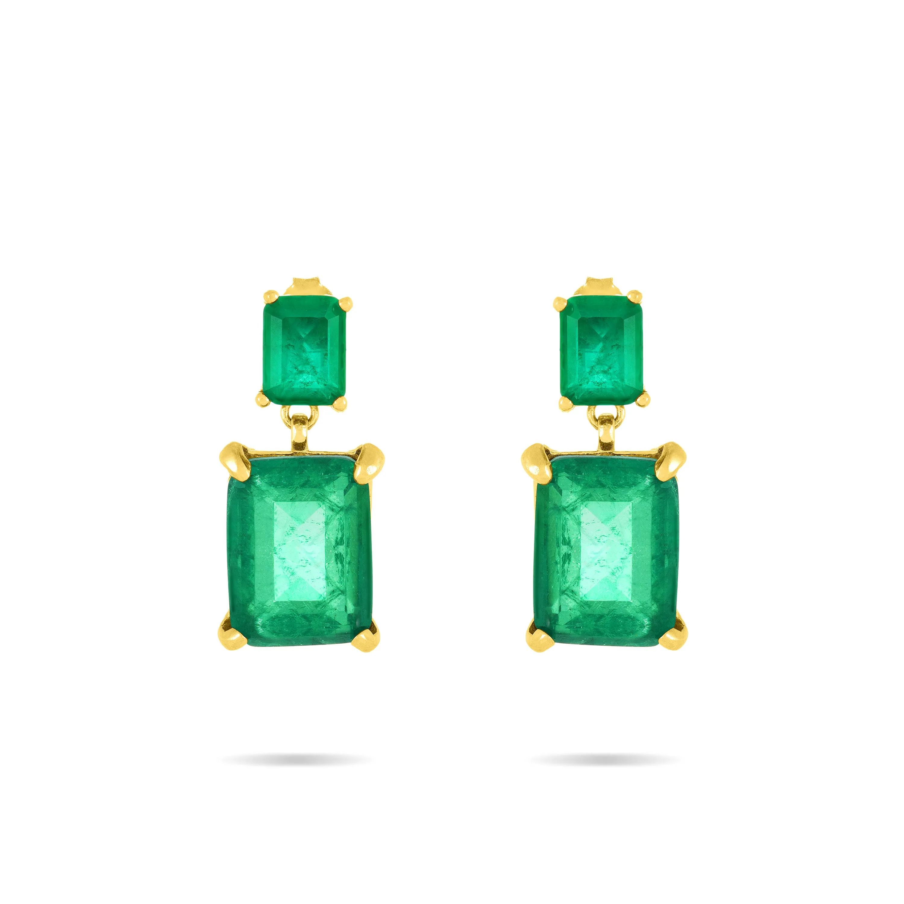 Cubic Zirconia Two Rectangle Stone Drop Earrings - Gold Green