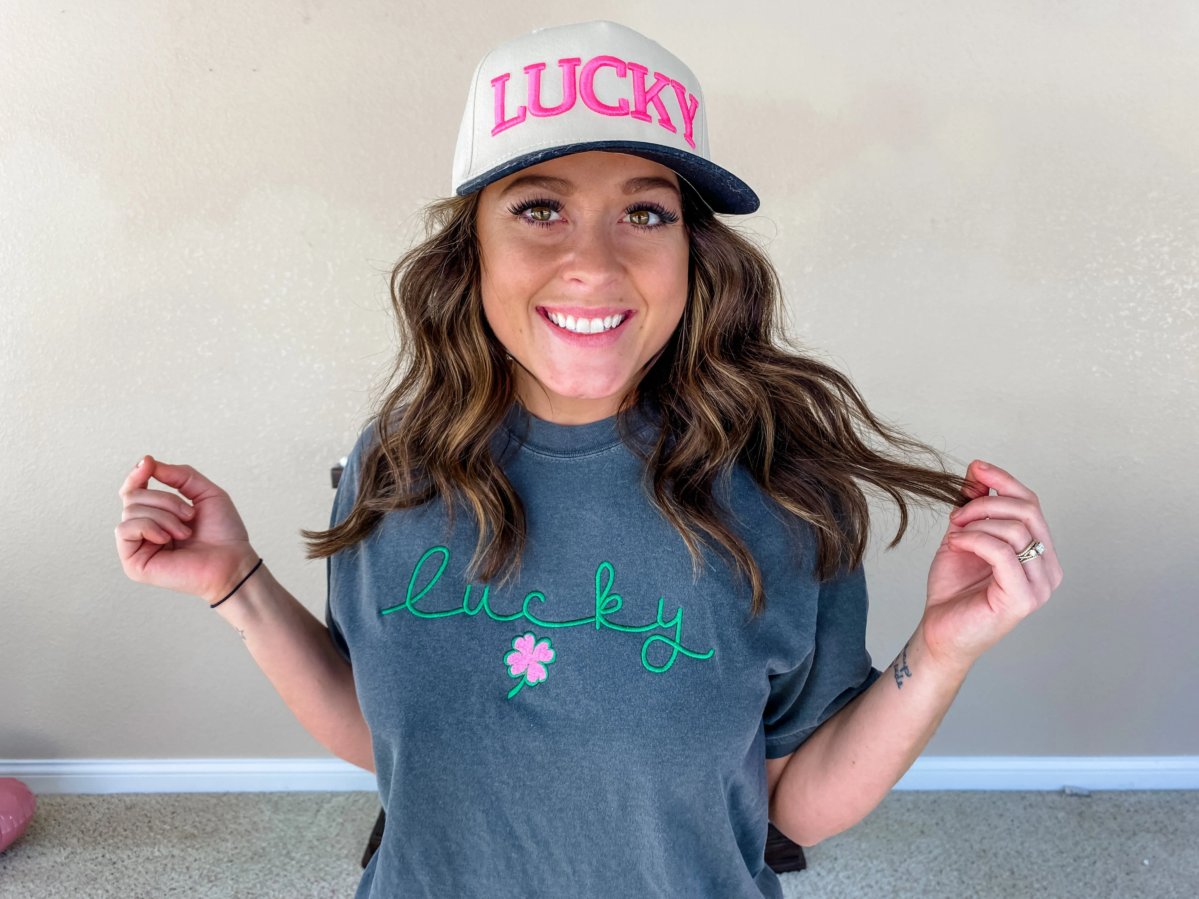 Cursive Lucky Embriodered Crew/Tee