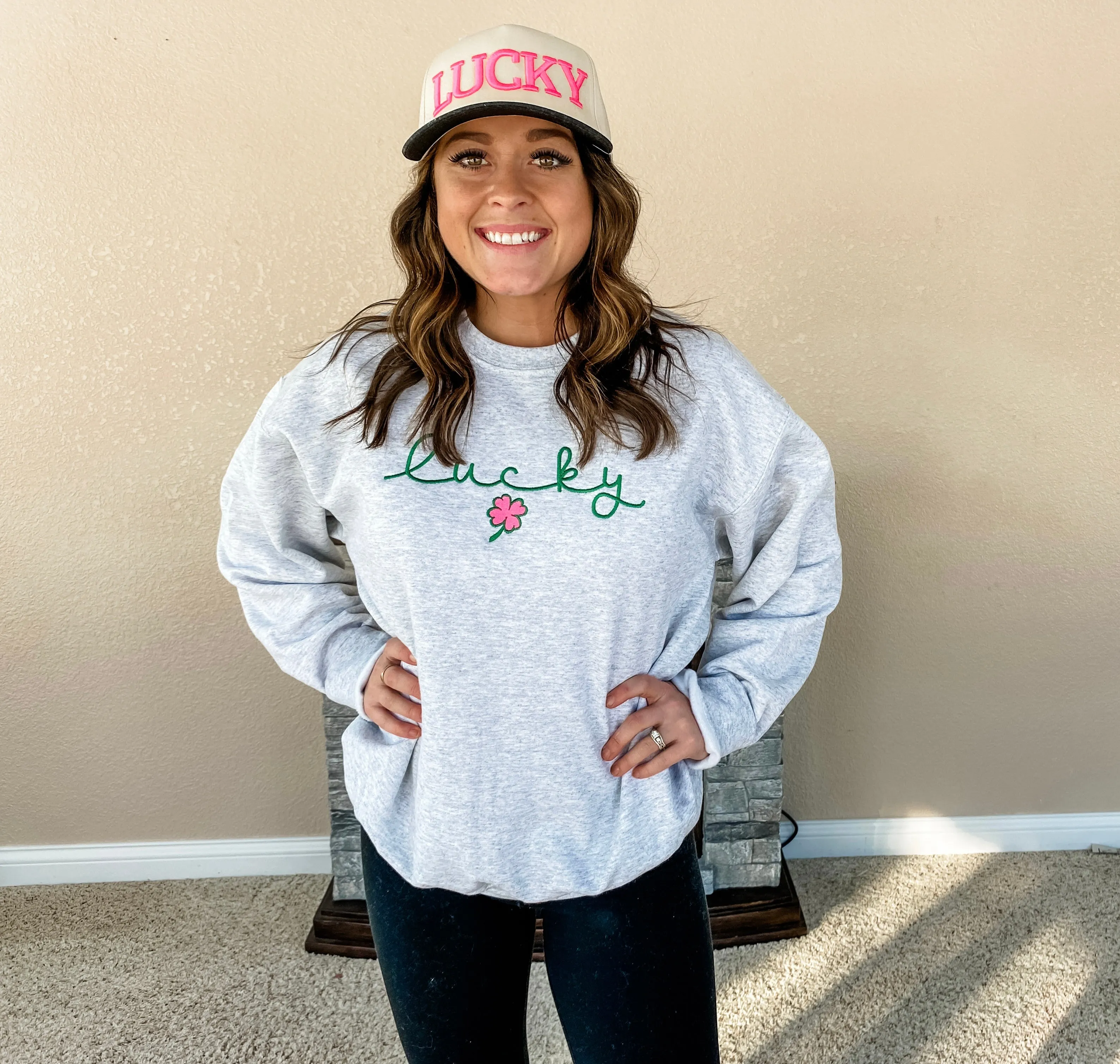 Cursive Lucky Embriodered Crew/Tee