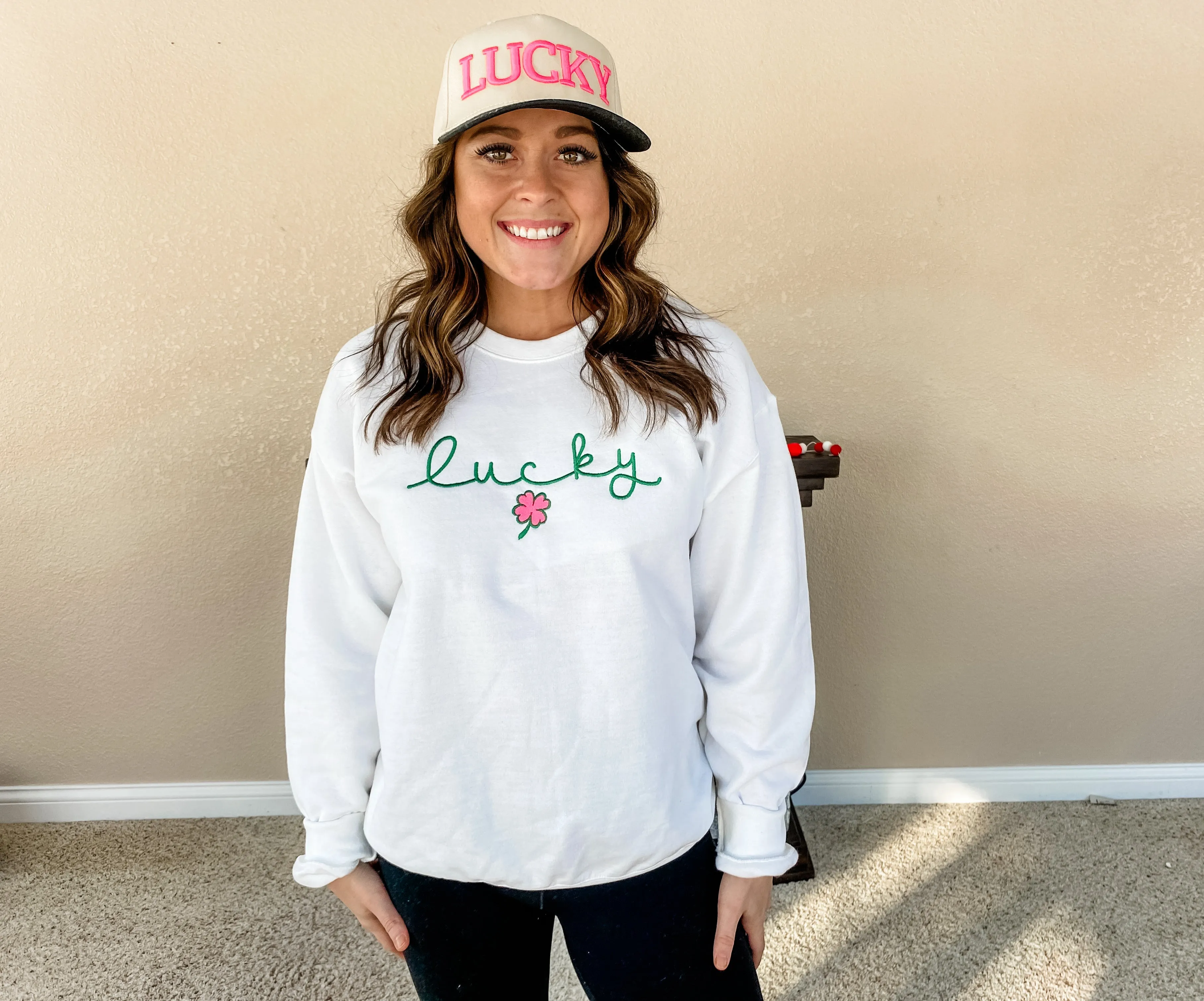 Cursive Lucky Embriodered Crew/Tee