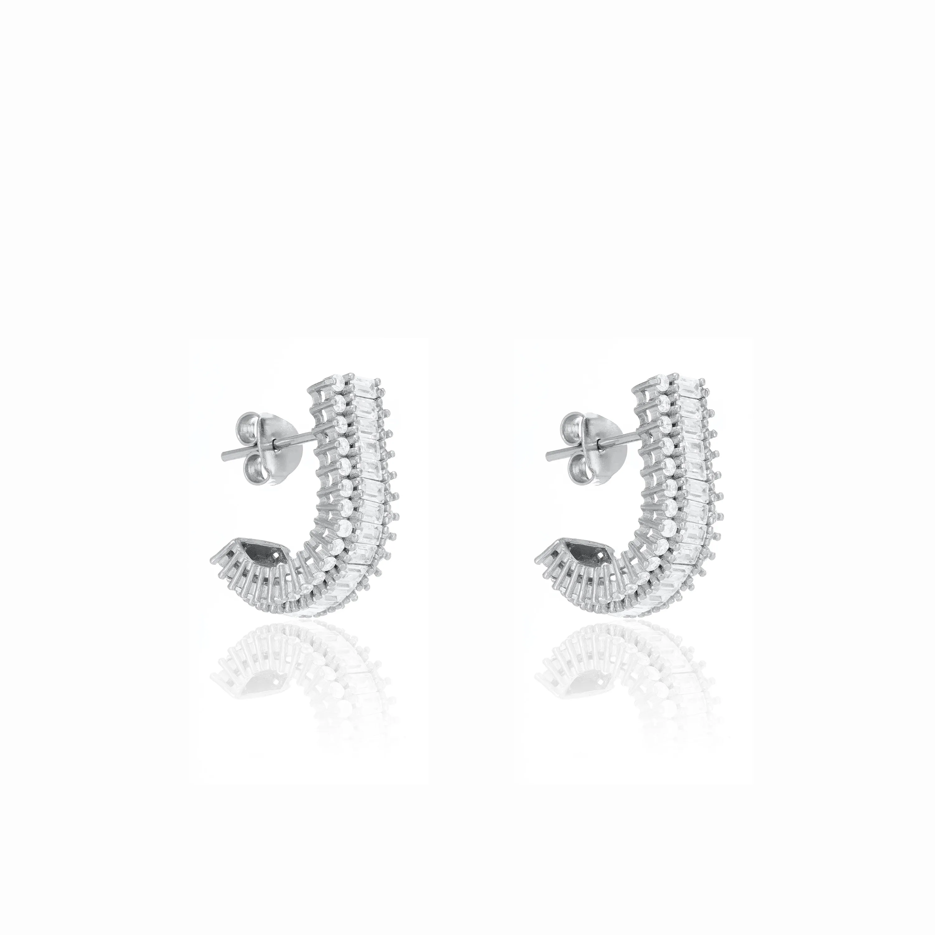 Curved Baguette Bar Earrings - Silver White