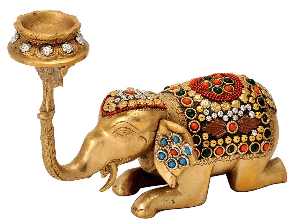 Decorated Elephant Candle Stand in Brass