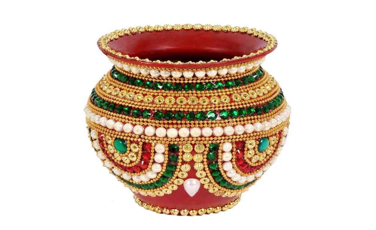 Decorated Handmade Pooja Kalash with Stone & Perl Work
