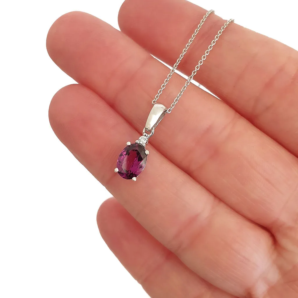 Delicate Four Claw Oval Grape Garnet and Diamond Pendant