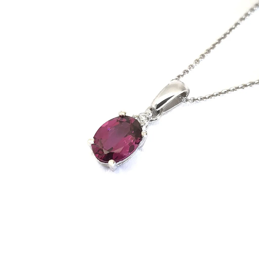 Delicate Four Claw Oval Grape Garnet and Diamond Pendant