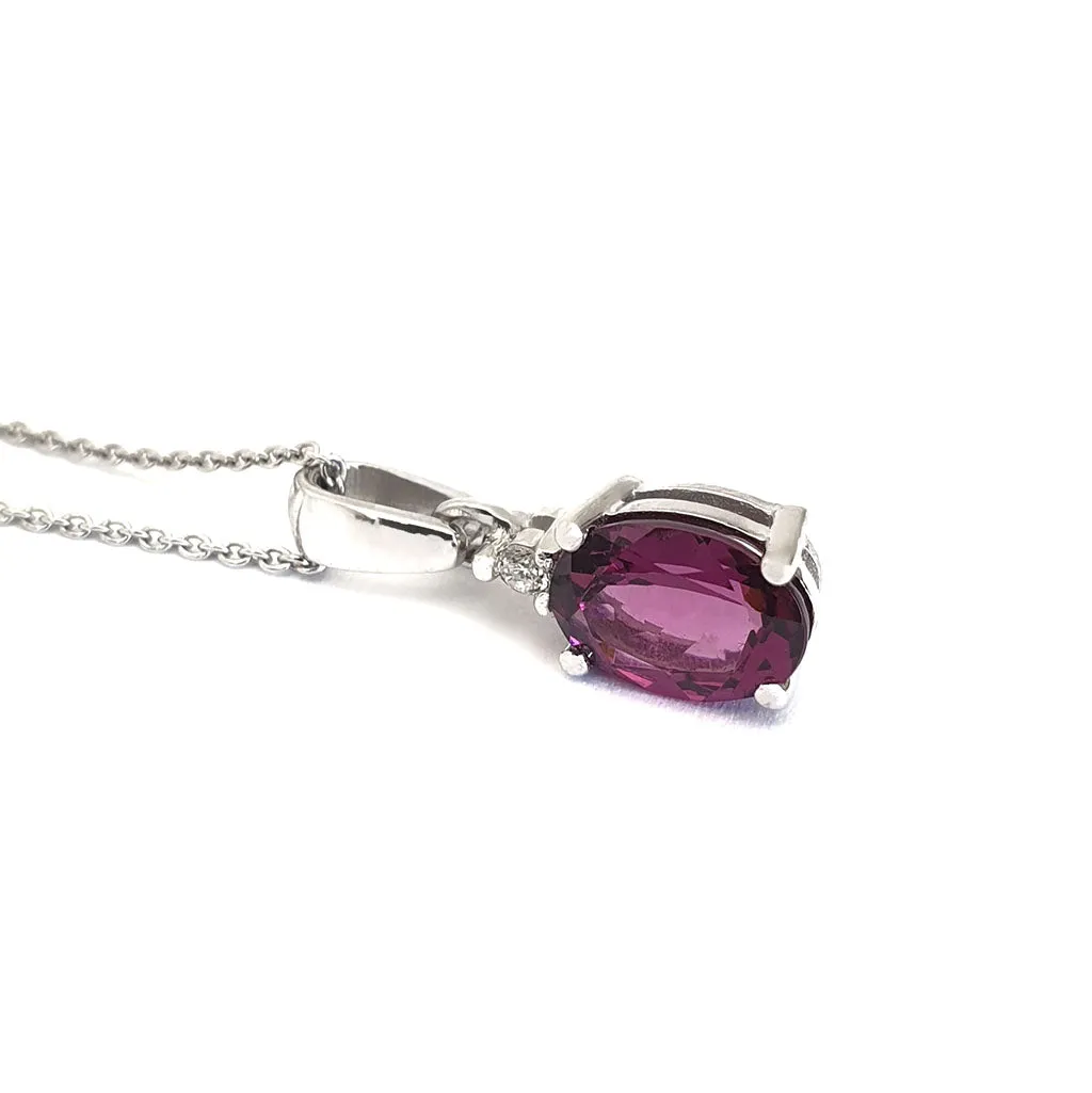 Delicate Four Claw Oval Grape Garnet and Diamond Pendant