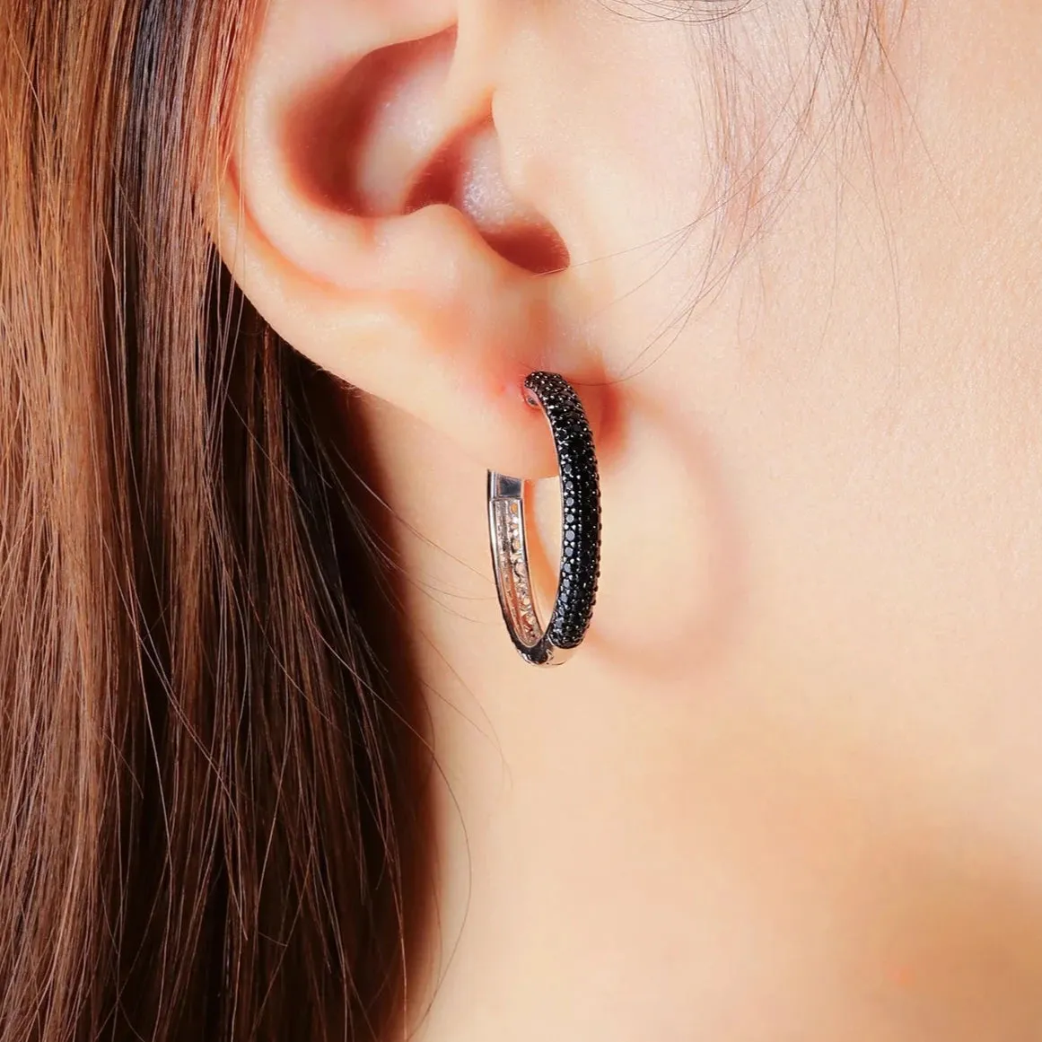 Delicate Natural Black Spinel Hoop Earrings