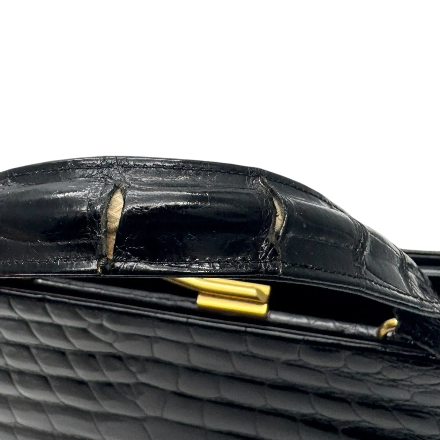 DOFAN OF FRANCE Vintage Croc Shiny Handle Bag - Black