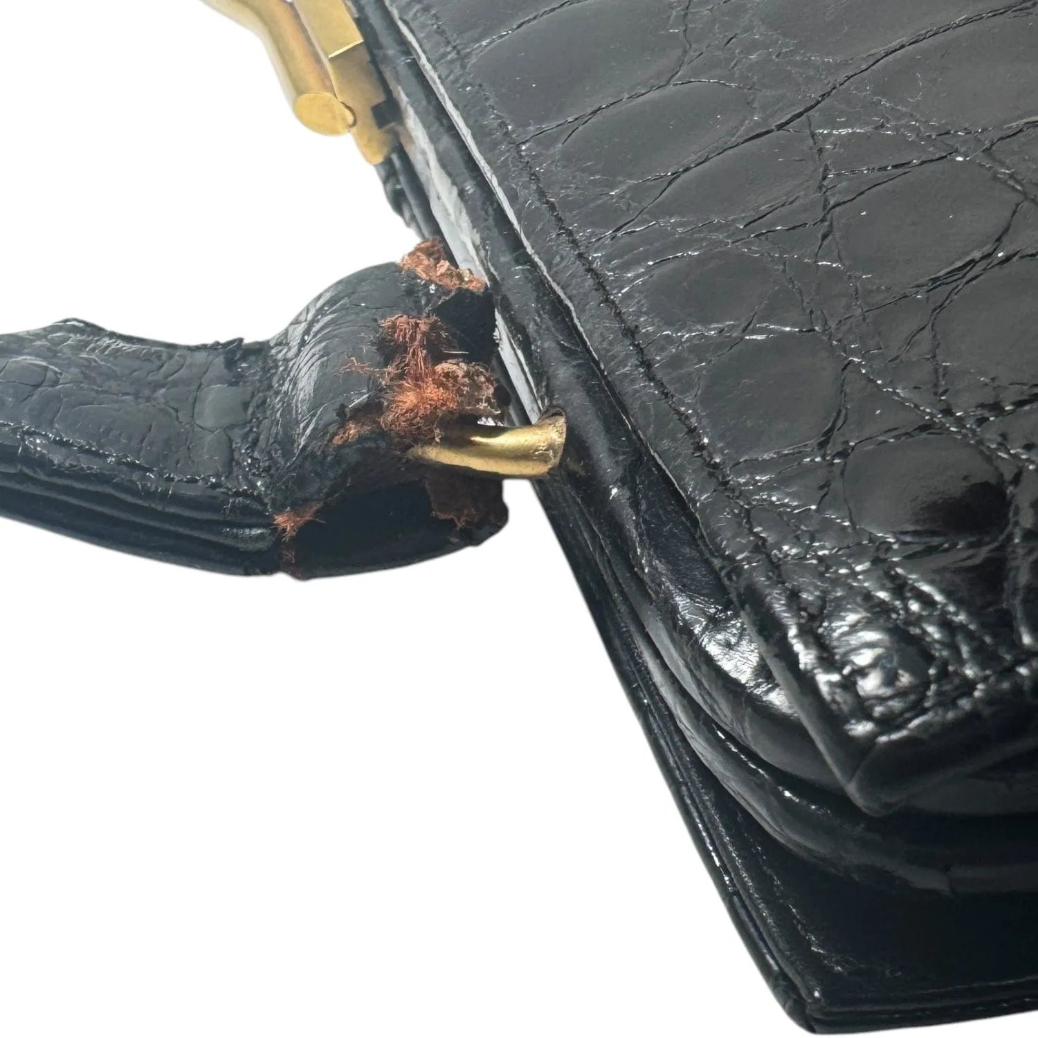DOFAN OF FRANCE Vintage Croc Shiny Handle Bag - Black