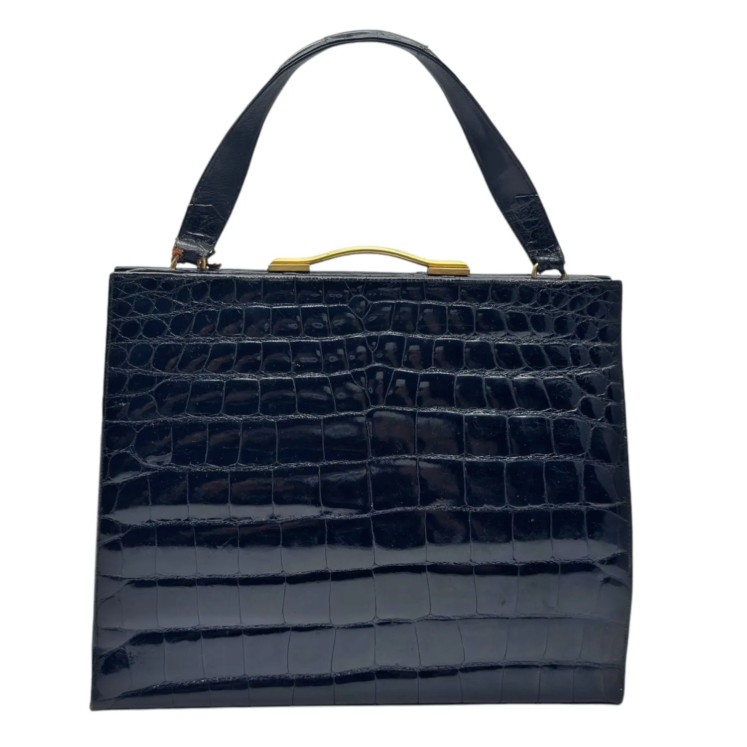 DOFAN OF FRANCE Vintage Croc Shiny Handle Bag - Black