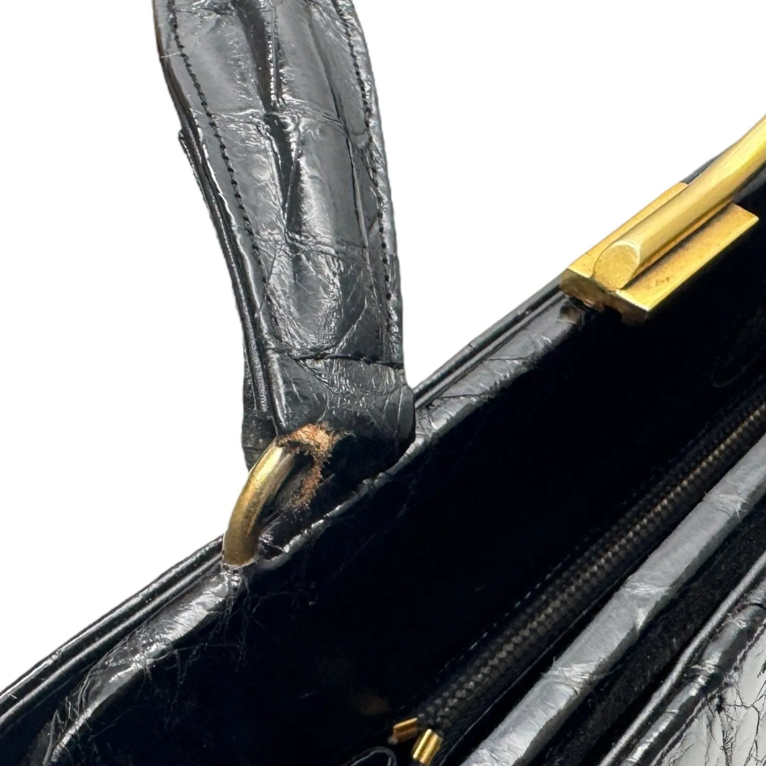 DOFAN OF FRANCE Vintage Croc Shiny Handle Bag - Black