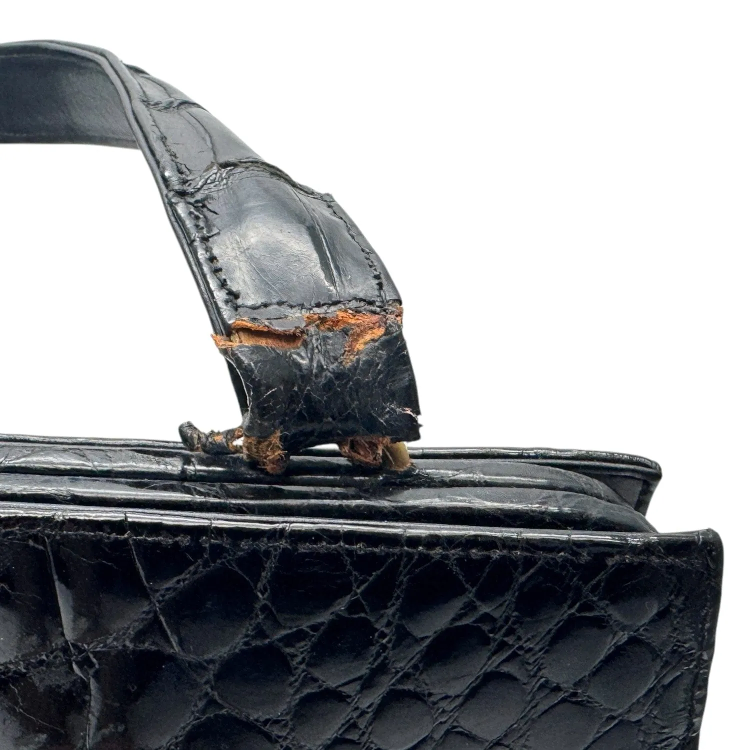 DOFAN OF FRANCE Vintage Croc Shiny Handle Bag - Black