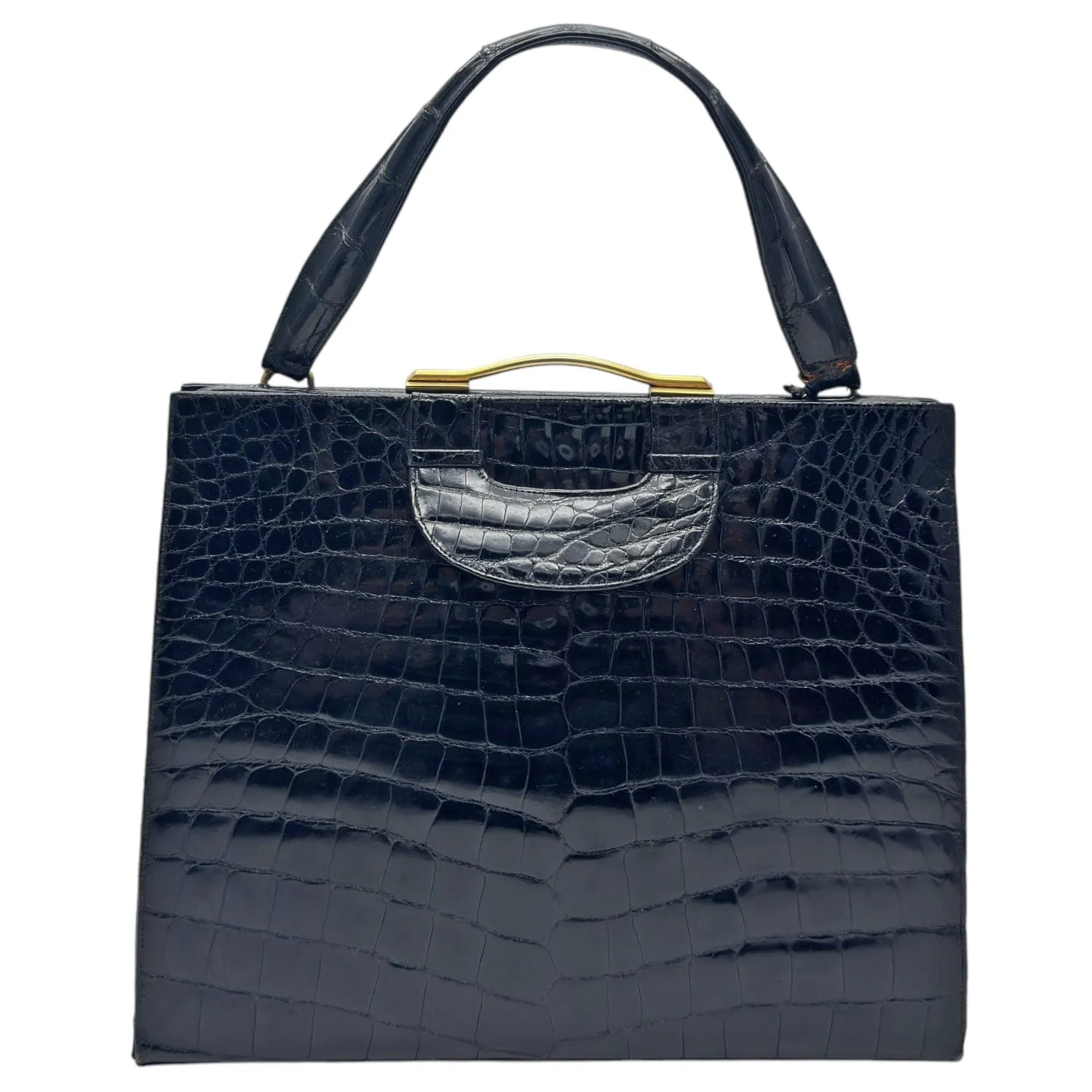 DOFAN OF FRANCE Vintage Croc Shiny Handle Bag - Black