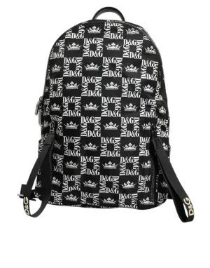 Dolce & Gabbana Black White Crown Printed Nylon School Backpack Bag