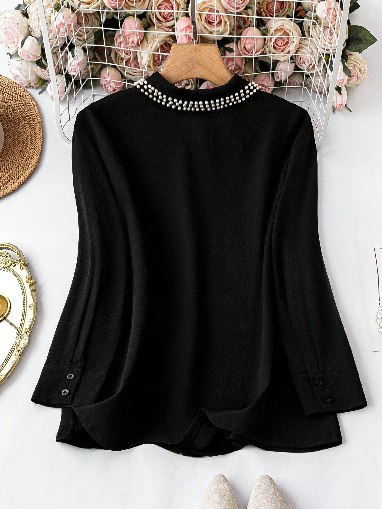 DUARTE Plus Size Women's Pearl Decorated Shirt