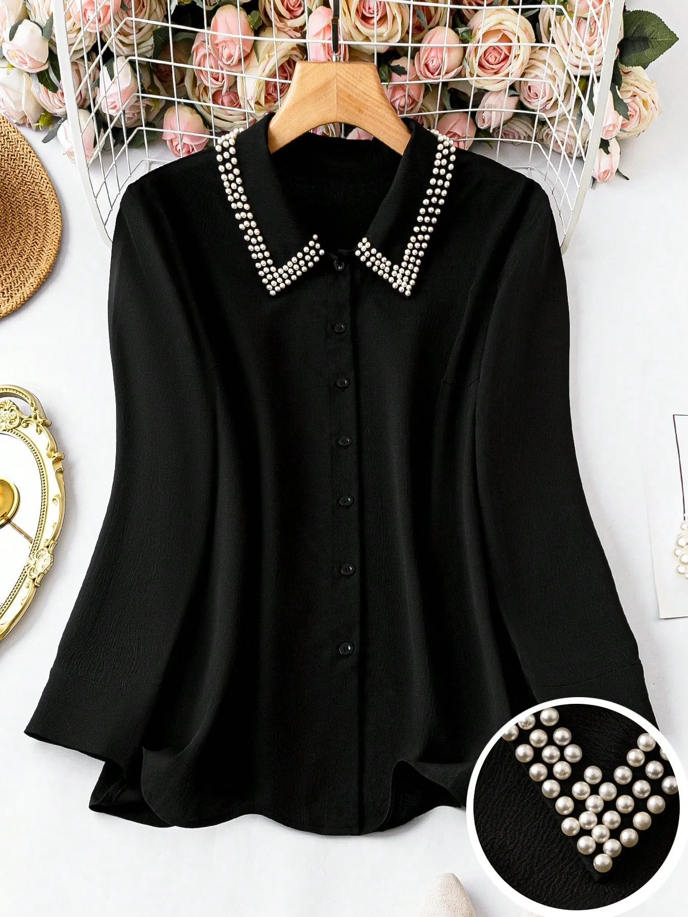 DUARTE Plus Size Women's Pearl Decorated Shirt