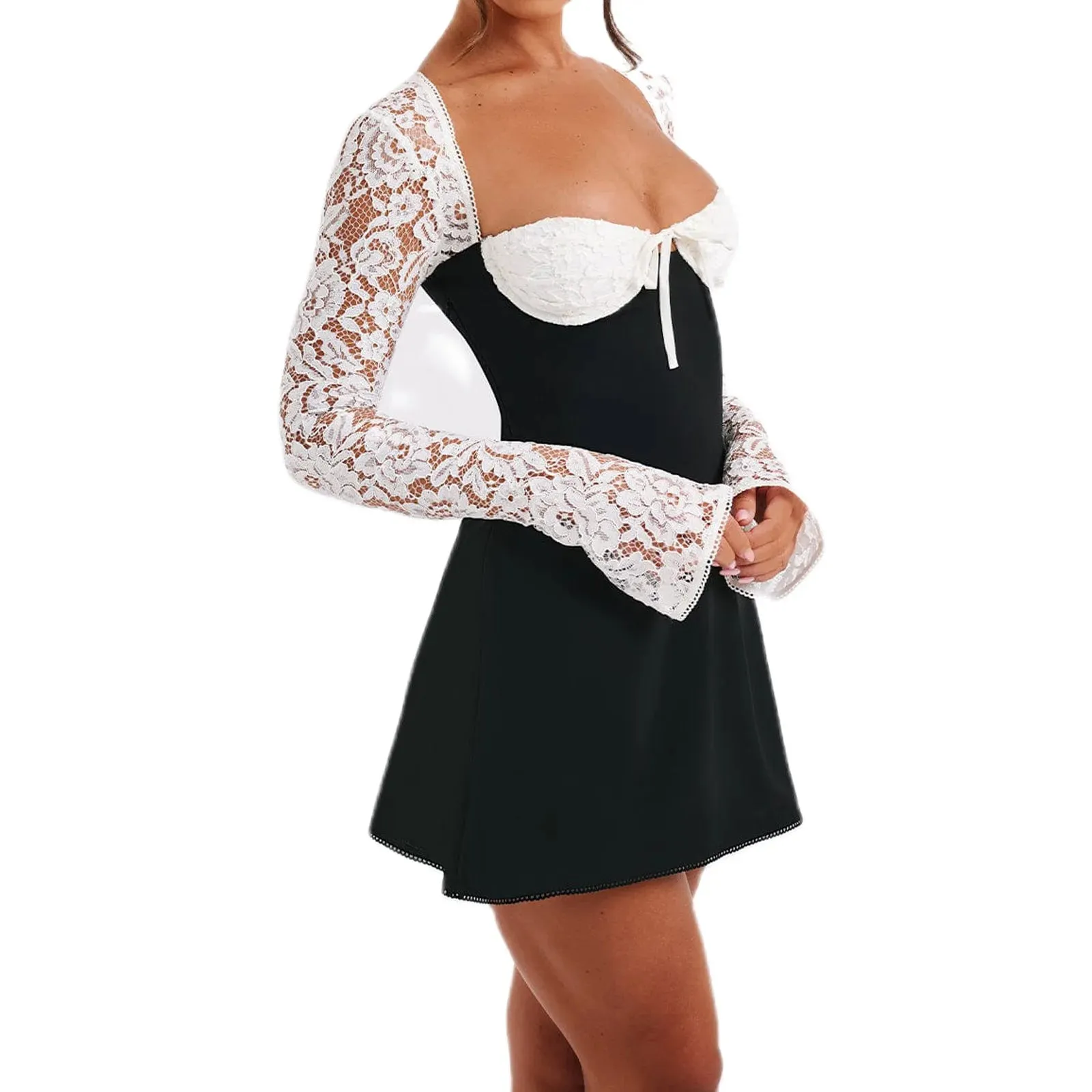 Elegant Lace Long Sleeve Mini Dress with Sweetheart Neckline Satin Club Party Dress