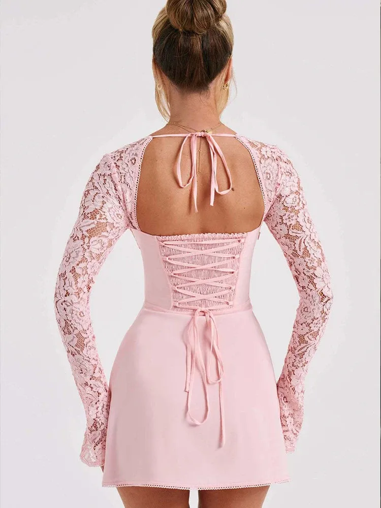 Elegant Lace Long Sleeve Mini Dress with Sweetheart Neckline Satin Club Party Dress