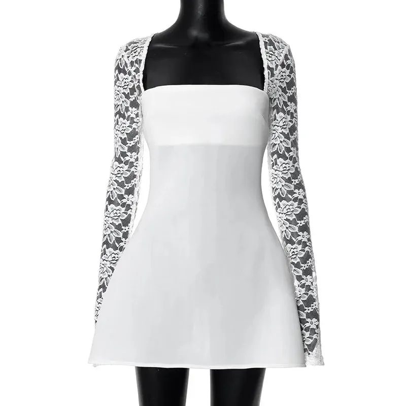 Elegant Lace Long Sleeve Mini Dress with Sweetheart Neckline Satin Club Party Dress