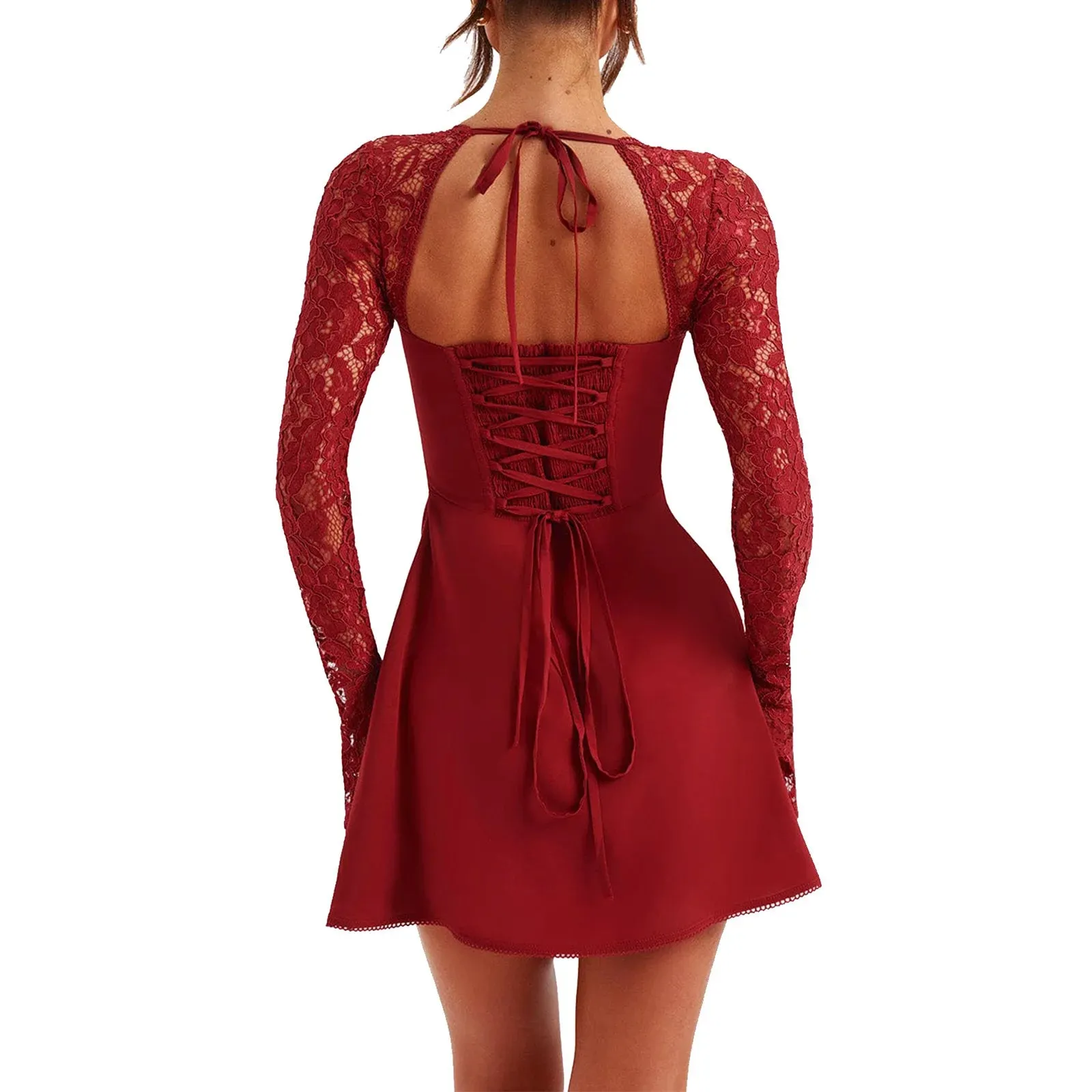 Elegant Lace Long Sleeve Mini Dress with Sweetheart Neckline Satin Club Party Dress