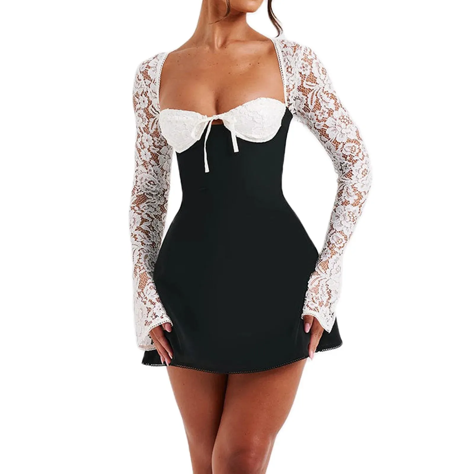 Elegant Lace Long Sleeve Mini Dress with Sweetheart Neckline Satin Club Party Dress