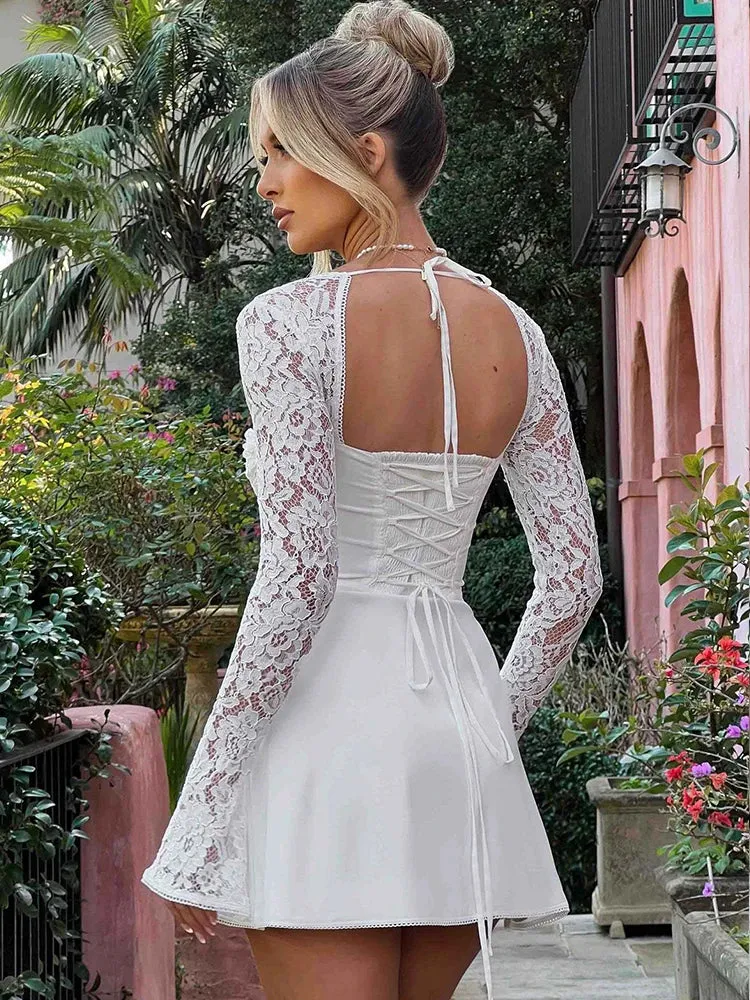 Elegant Lace Long Sleeve Mini Dress with Sweetheart Neckline Satin Club Party Dress