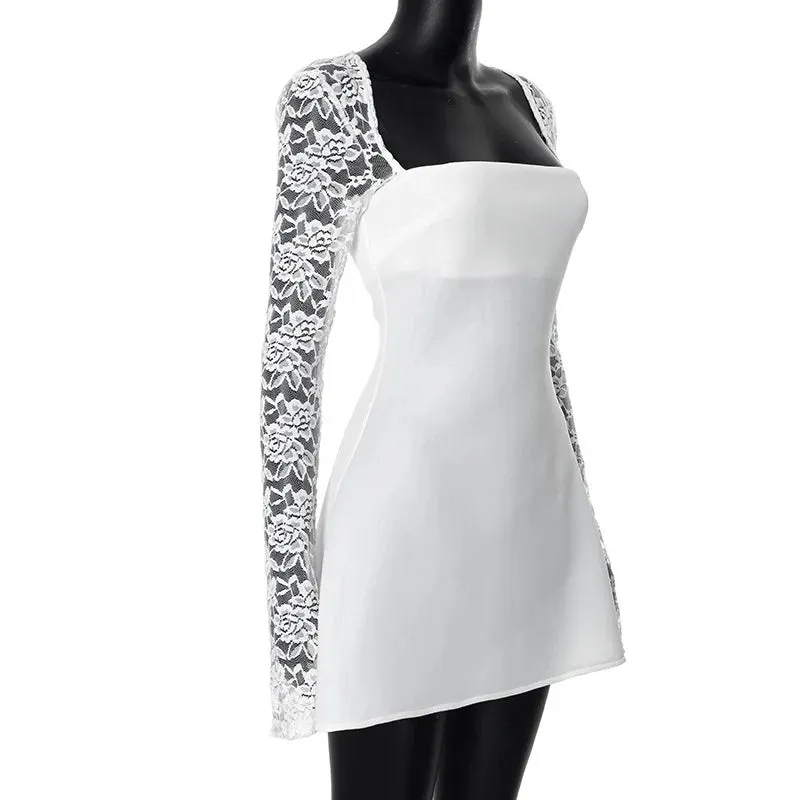 Elegant Lace Long Sleeve Mini Dress with Sweetheart Neckline Satin Club Party Dress
